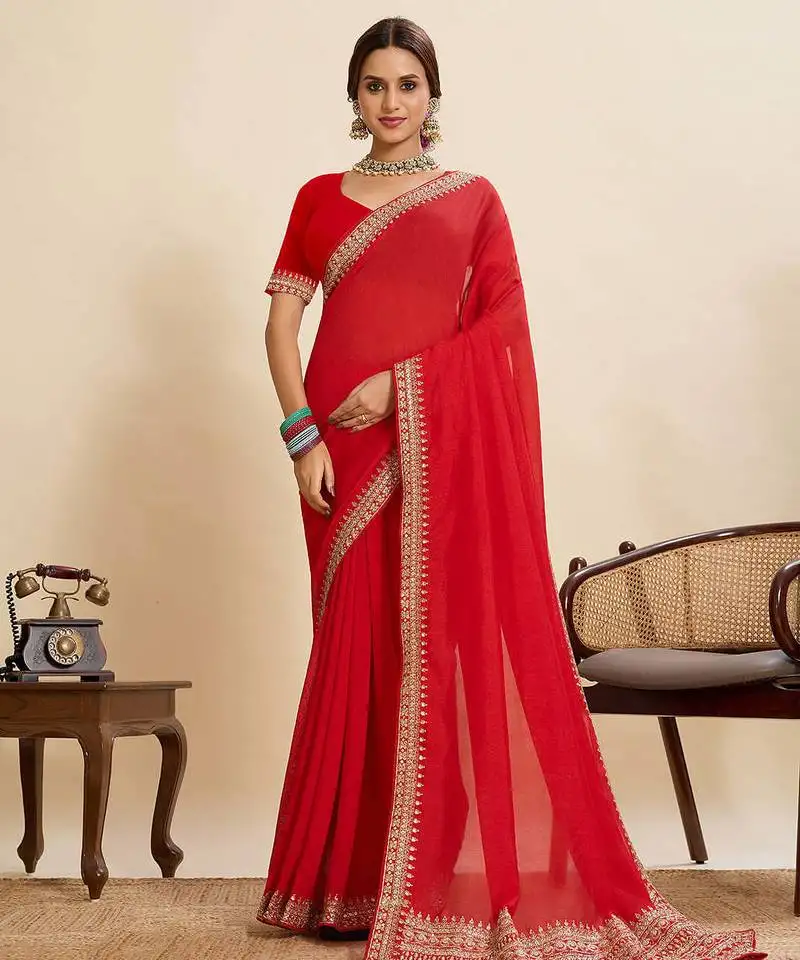 Red vichitra soft silk saree with unstiched blouse