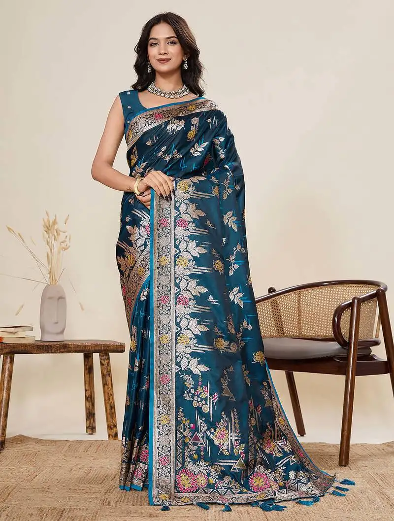 Teal soft silk sarees with unstiched blouse