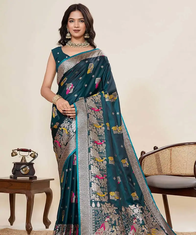 Teal green soft silk sarees with unstiched blouse