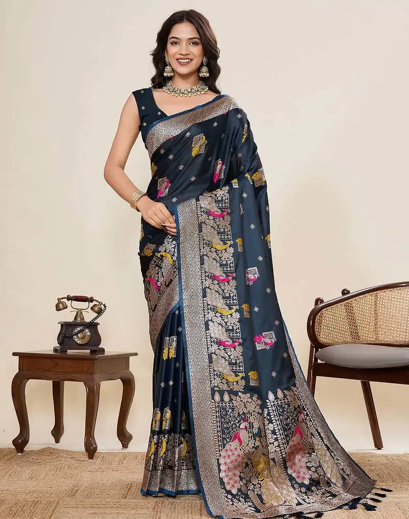 Blue soft silk sarees with unstiched blouse