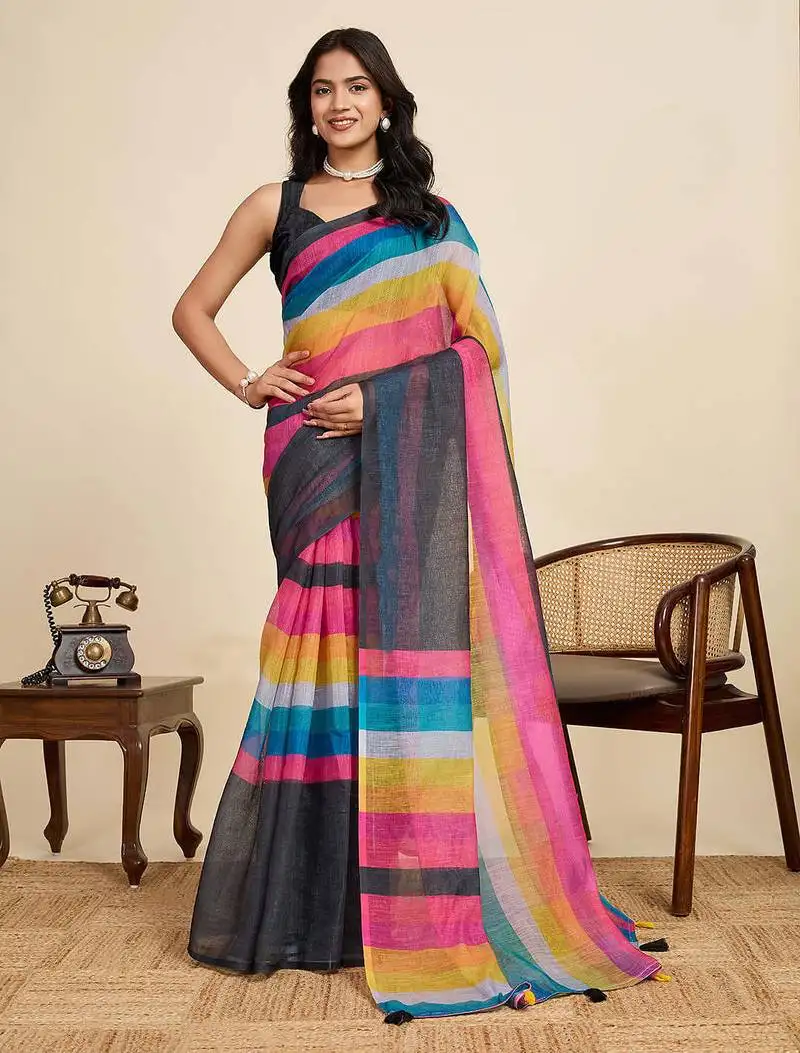 Multicolour linen saree with unstiched blouse