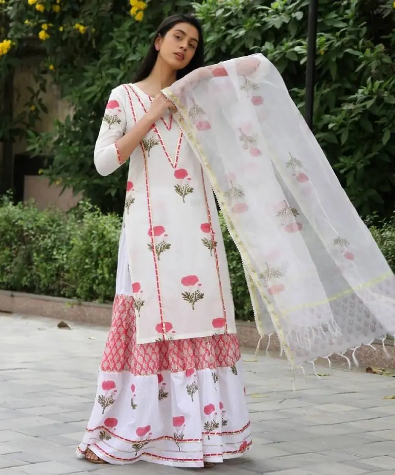 Red hand block printed cotton dobby gharara suit- set of 3