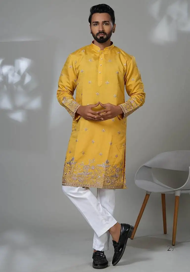 Yellow shimmer embroidered kurta pajama for mens
