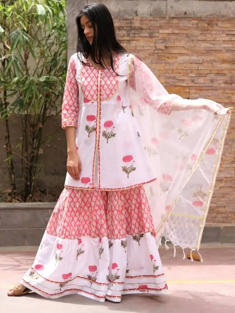 White hand block printed cotton dobby gharara suit- set of 3