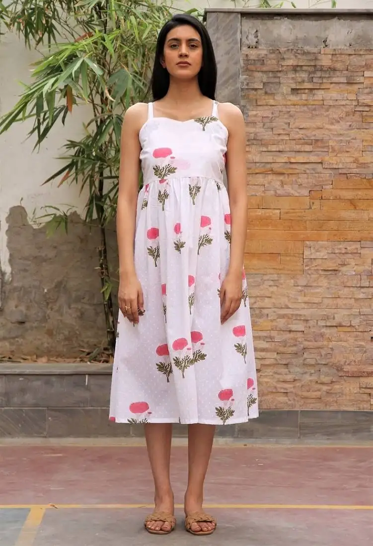 Red white hand block printed cotton dobby dress