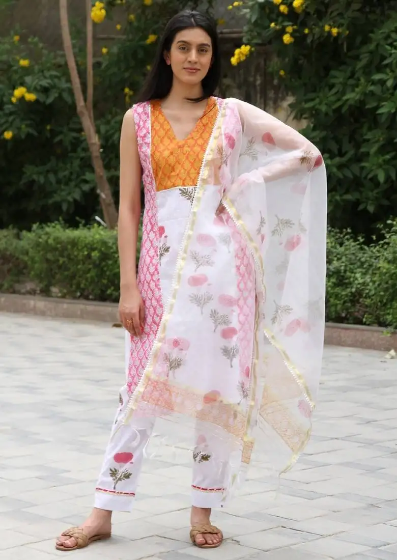 Pink orange hand block printed cotton dobby suit-set of 3