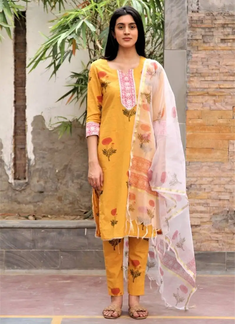 Mustard yellow hand block printed cotton dobby suit- set of 3