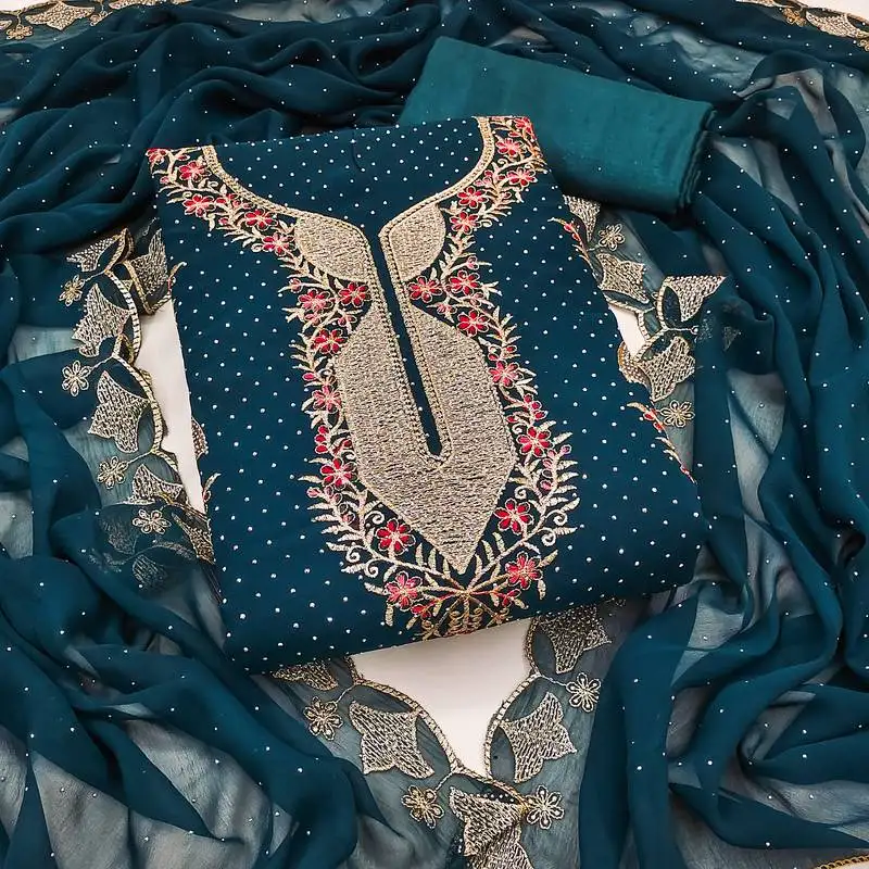 Women's teal embroidered dress material unstitched