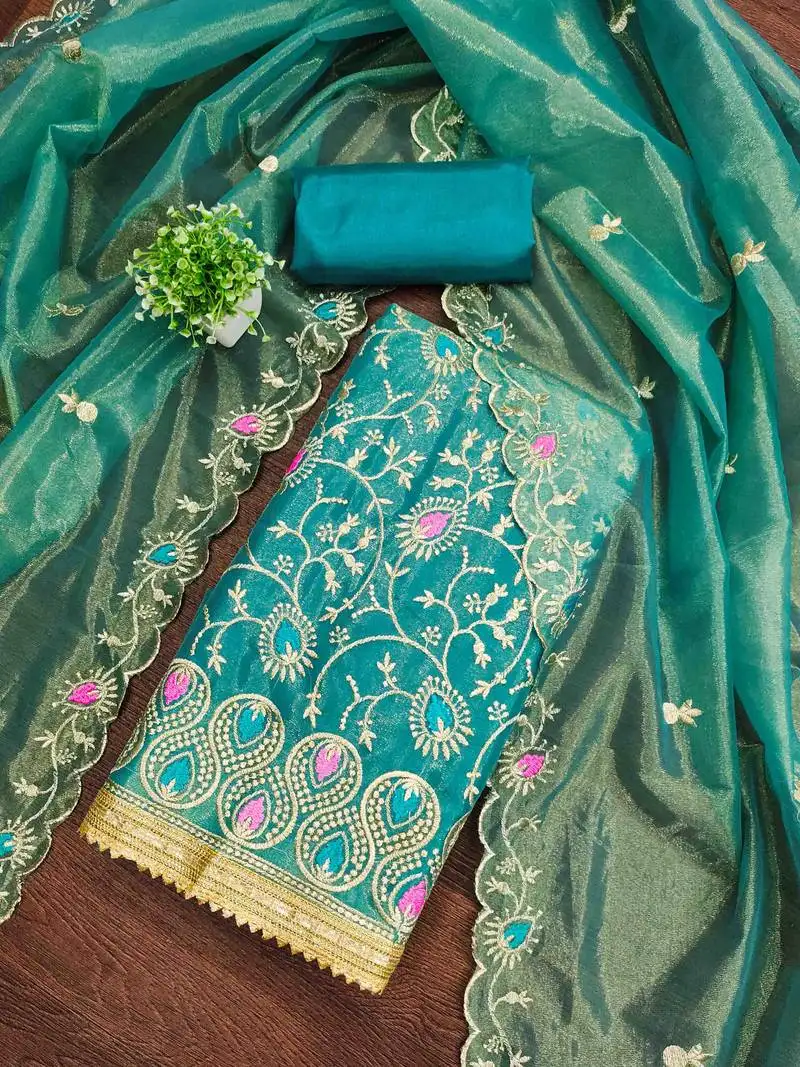Women's turquoise embroidered dress material unstitched