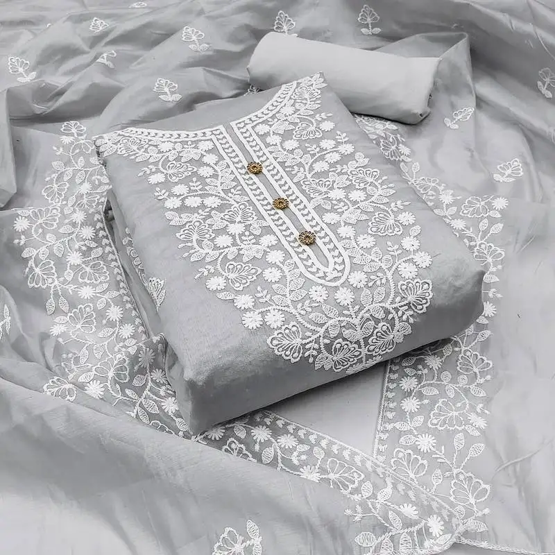 Women's grey embroidered dress material unstitched