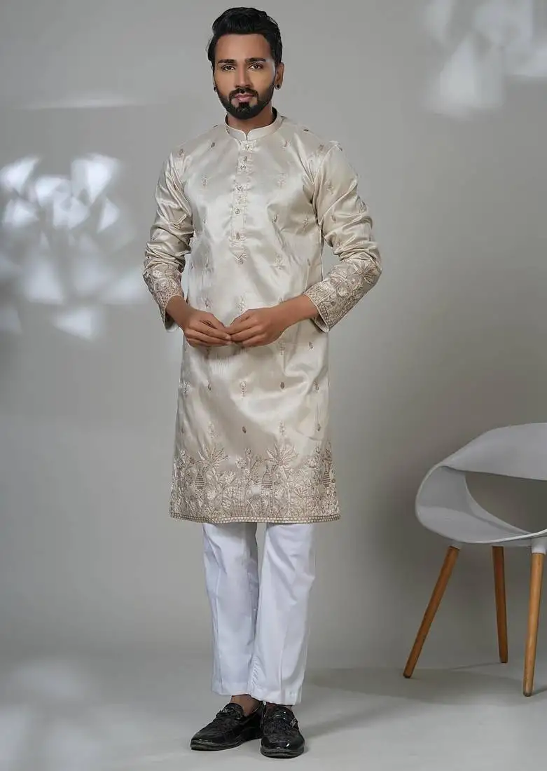 Beige silk embroidered kurta pajama for mens