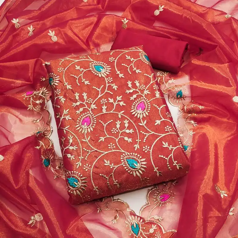 Women's rust embroidered dress material unstitched