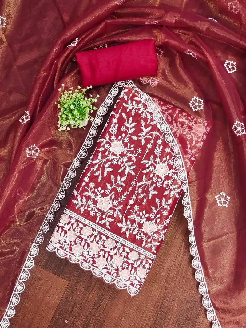 Women's red embroidered dress material unstitched