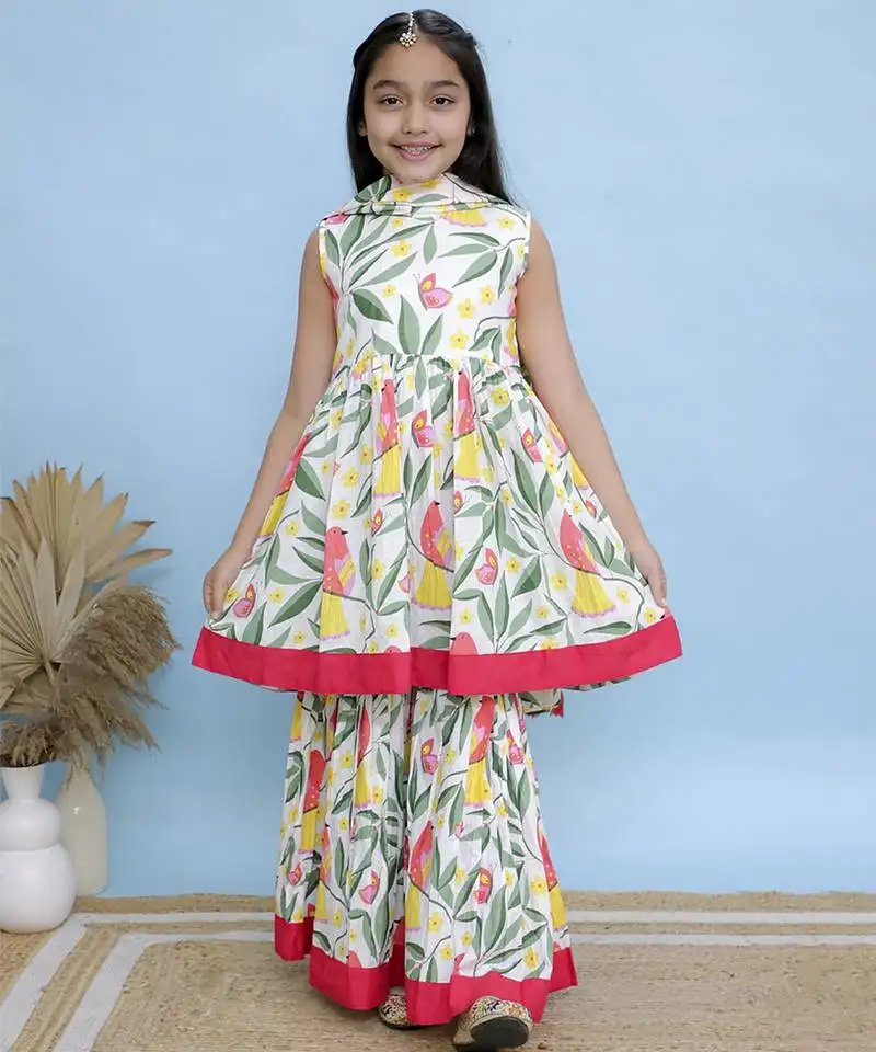 White printed cotton girls sharara set