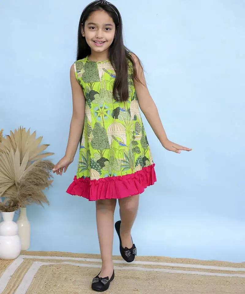Green printed cotton girls dress