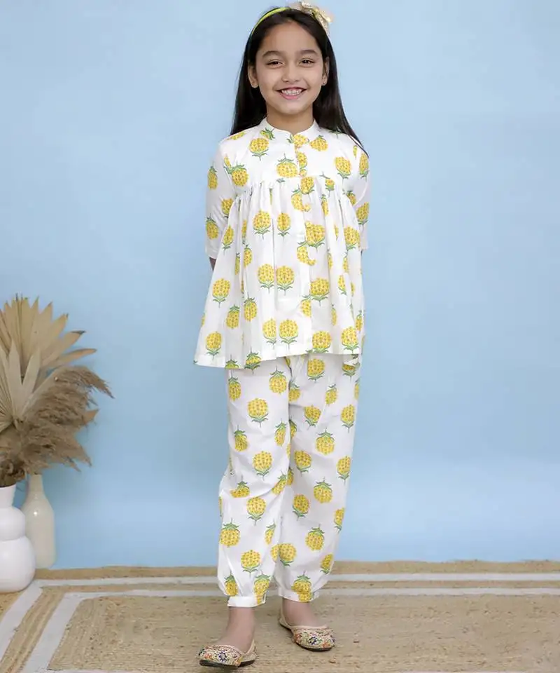 White printed cotton girls top bottom