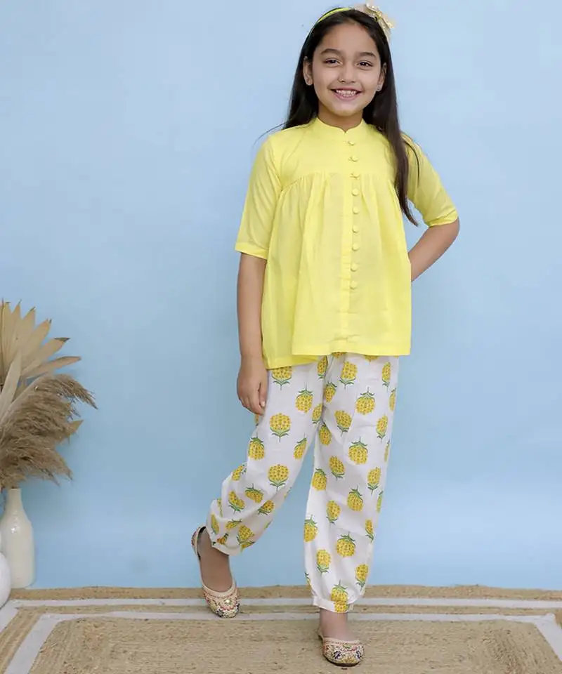 Yellow plain cotton girls top bottom