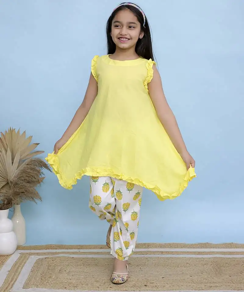 Yellow plain cotton girls kurti and pant
