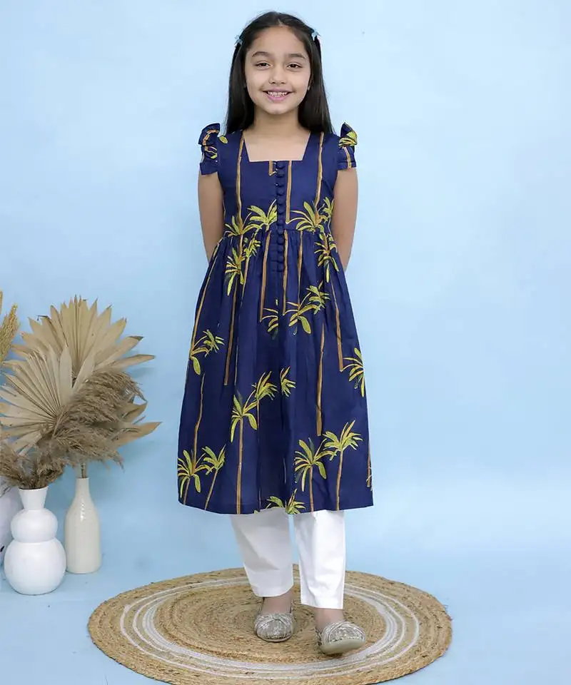 Blue printed georgette girls kurti and pant