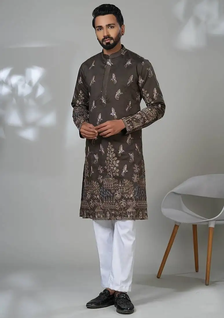 Brown blended cotton embroidered kurta pajama for mens