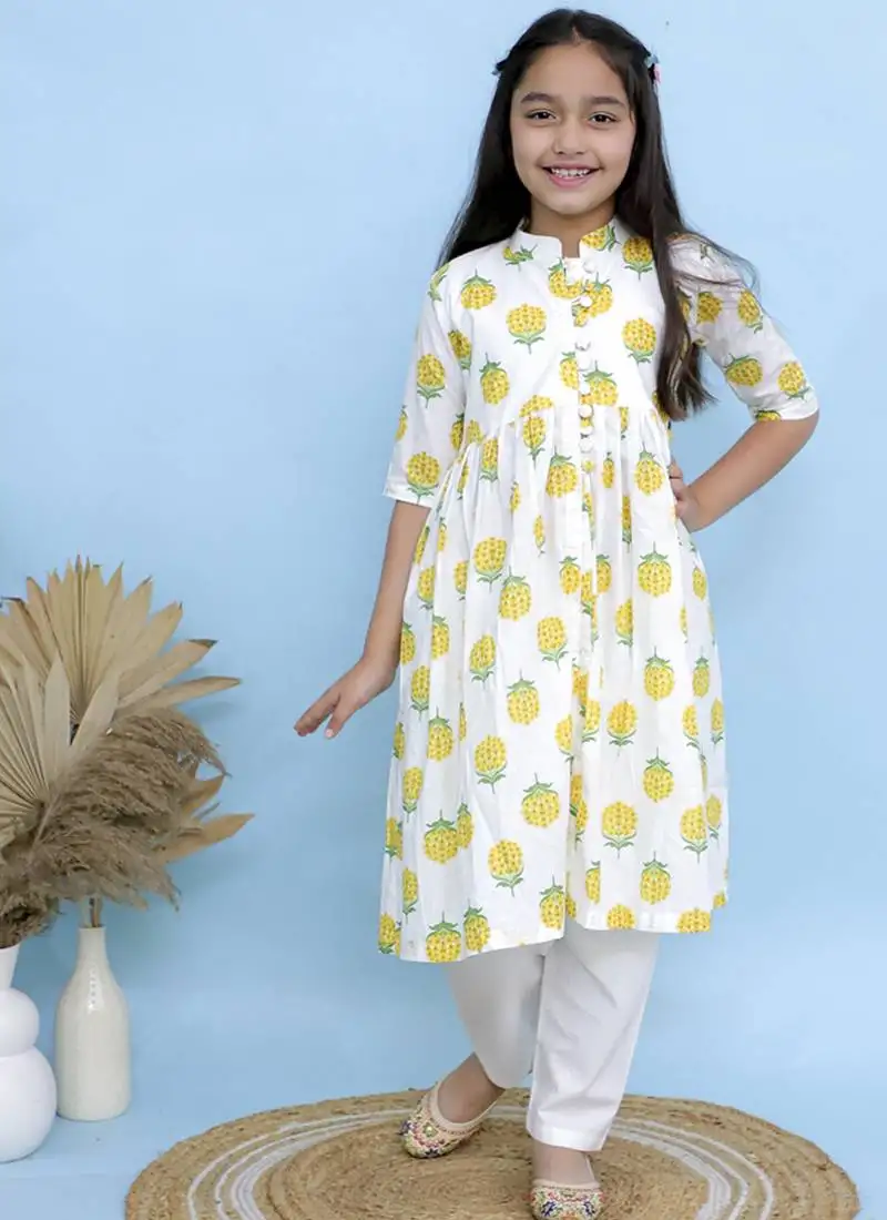 White printed cotton girls kurti set