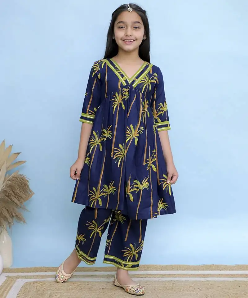 Blue printed cotton girls kurti set