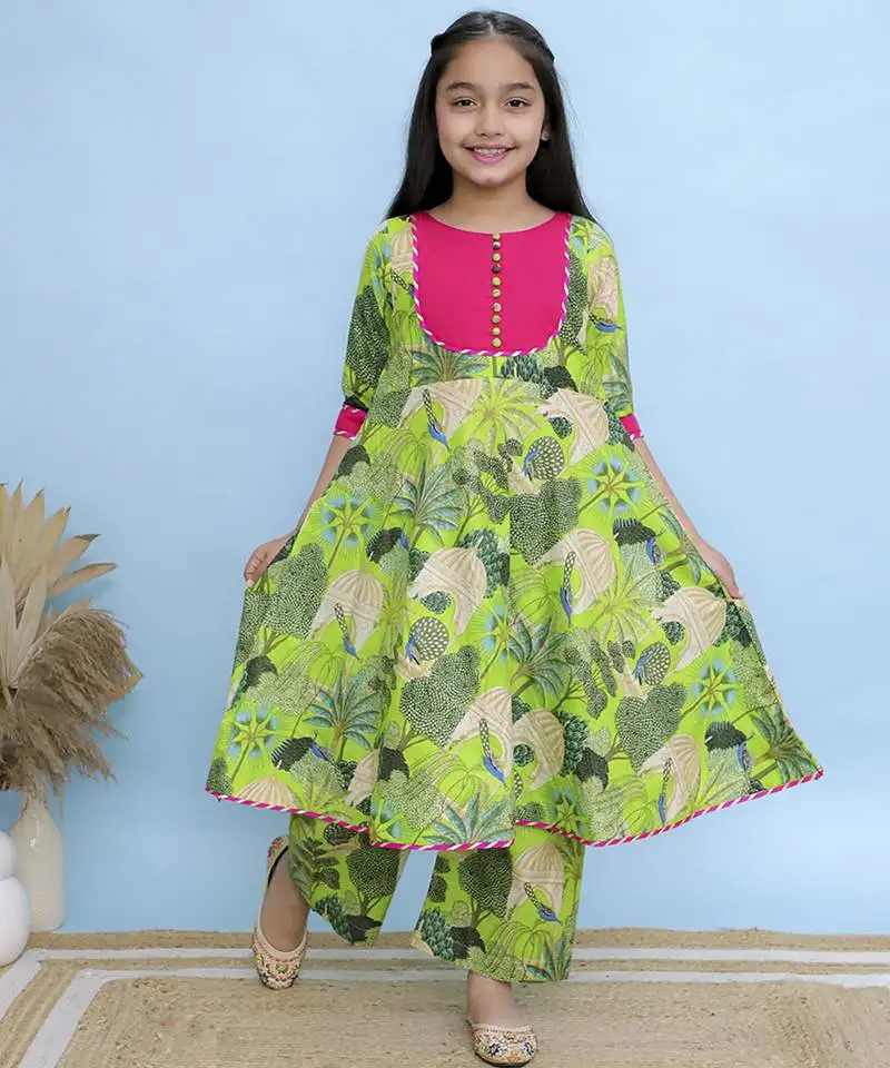 Green printed cotton girls kurti set