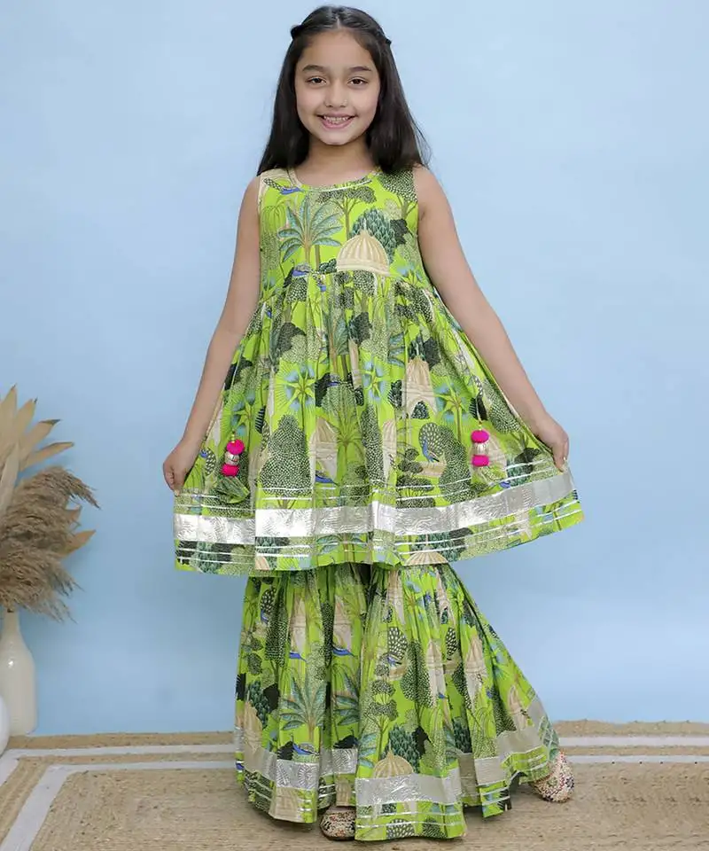 Green printed cotton girls sharara