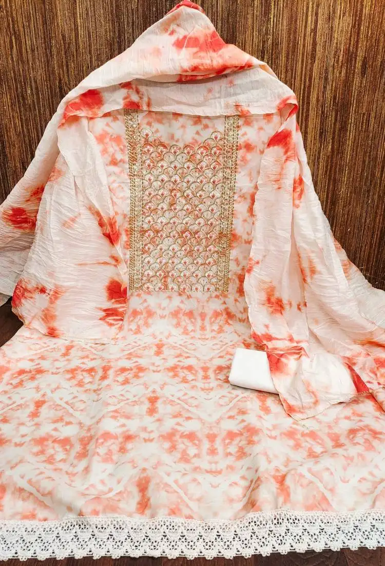 Women's orange embroidered dress material unstitched