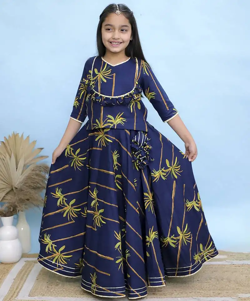 Blue printed cotton girls lehenga