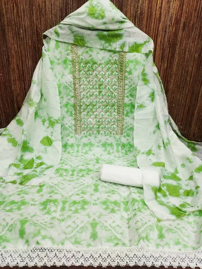 Women's green embroidered dress material unstitched