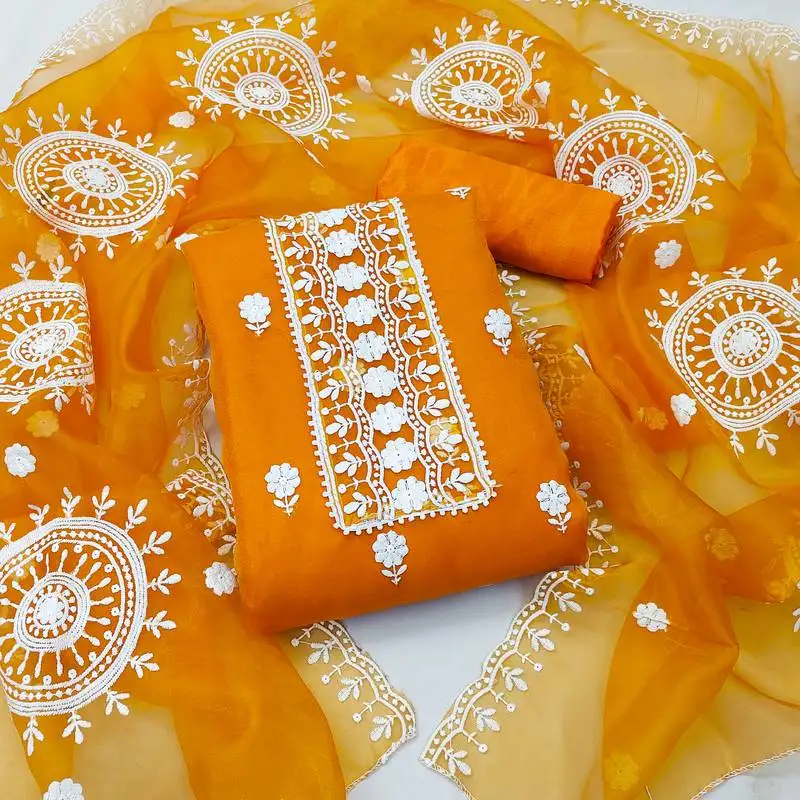 Women's yellow embroidered dress material unstitched