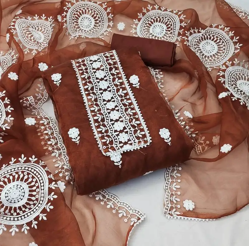 Women's brown embroidered dress material unstitched