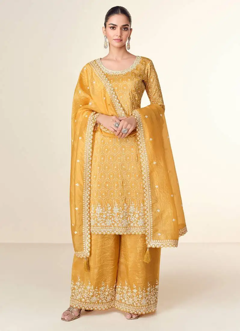 Mustard embroidery & sequins work tissue crush straight palazzo suit - free size stitching (size upto 42") stitched