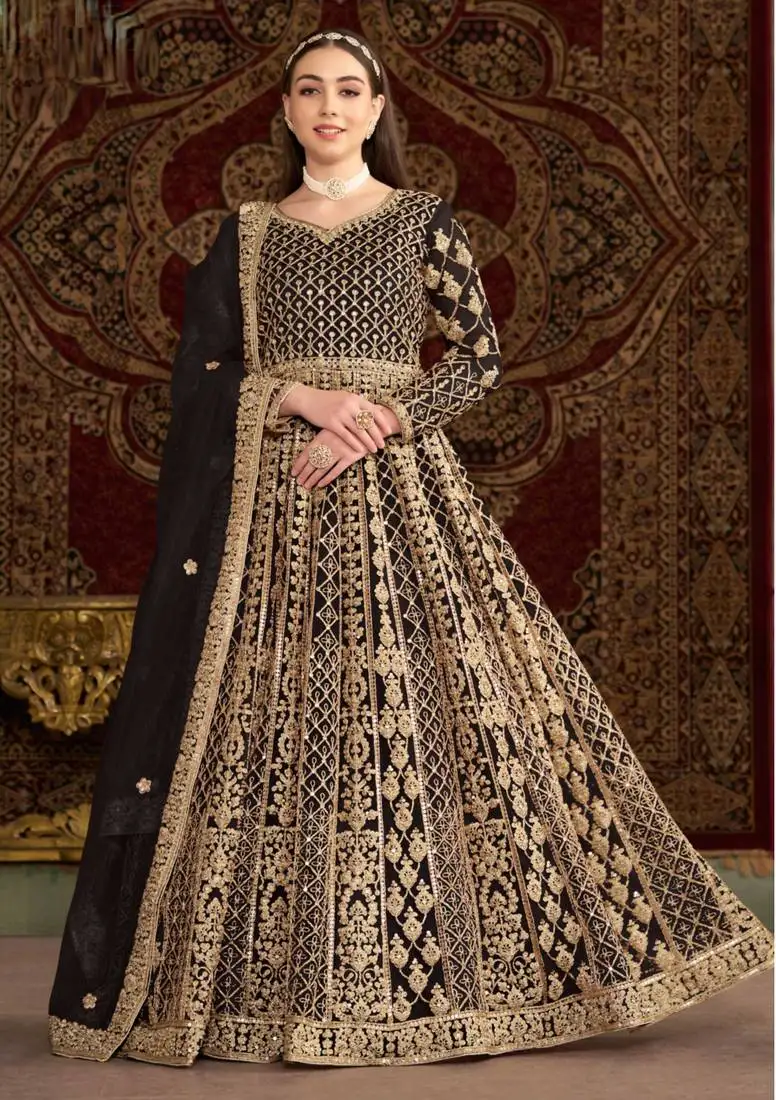 Black embroidery & sequins work net gown suit - free size stitching (size upto 42") stitched
