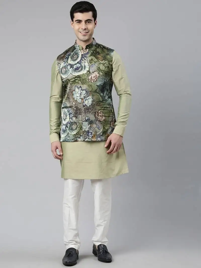 Floral print jacket with green short kurta