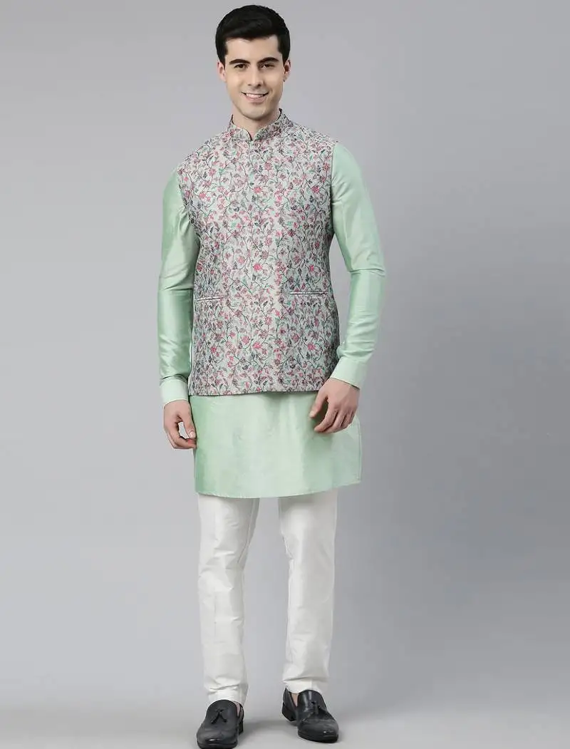 Jade green pashmina print jacket with solid green short kurta set