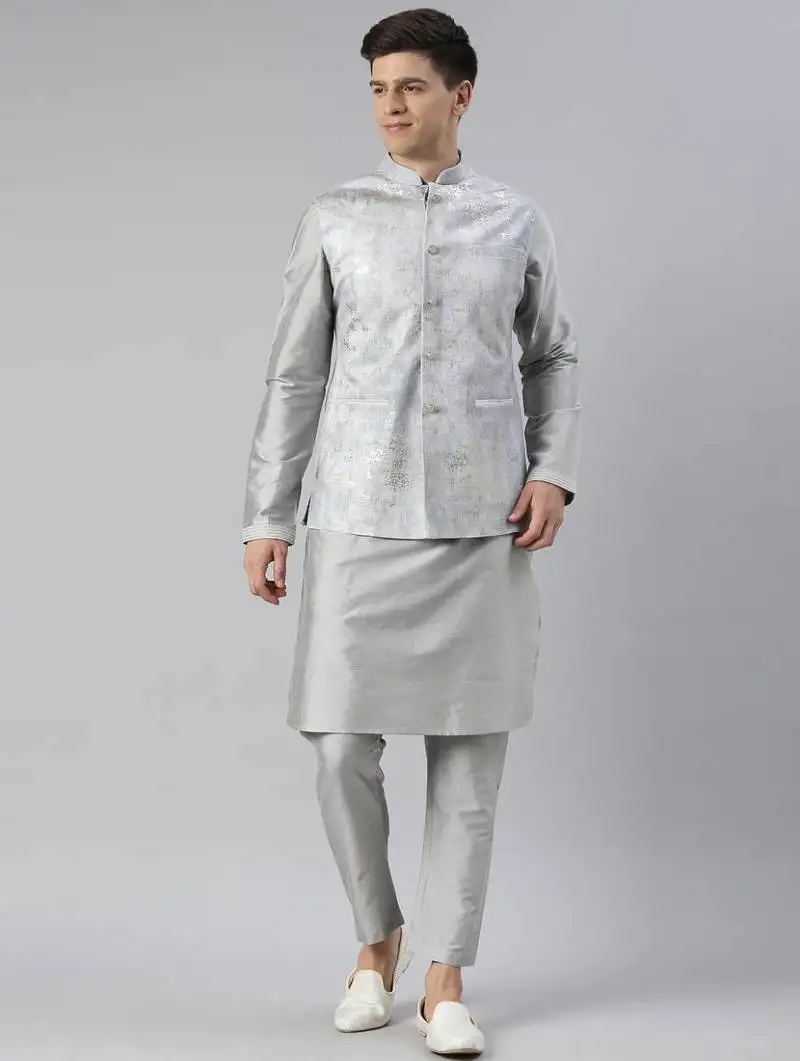 Grey velvet jacket with grey kurta set