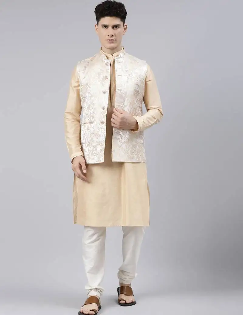 Cream gold jacket with gold kurta set