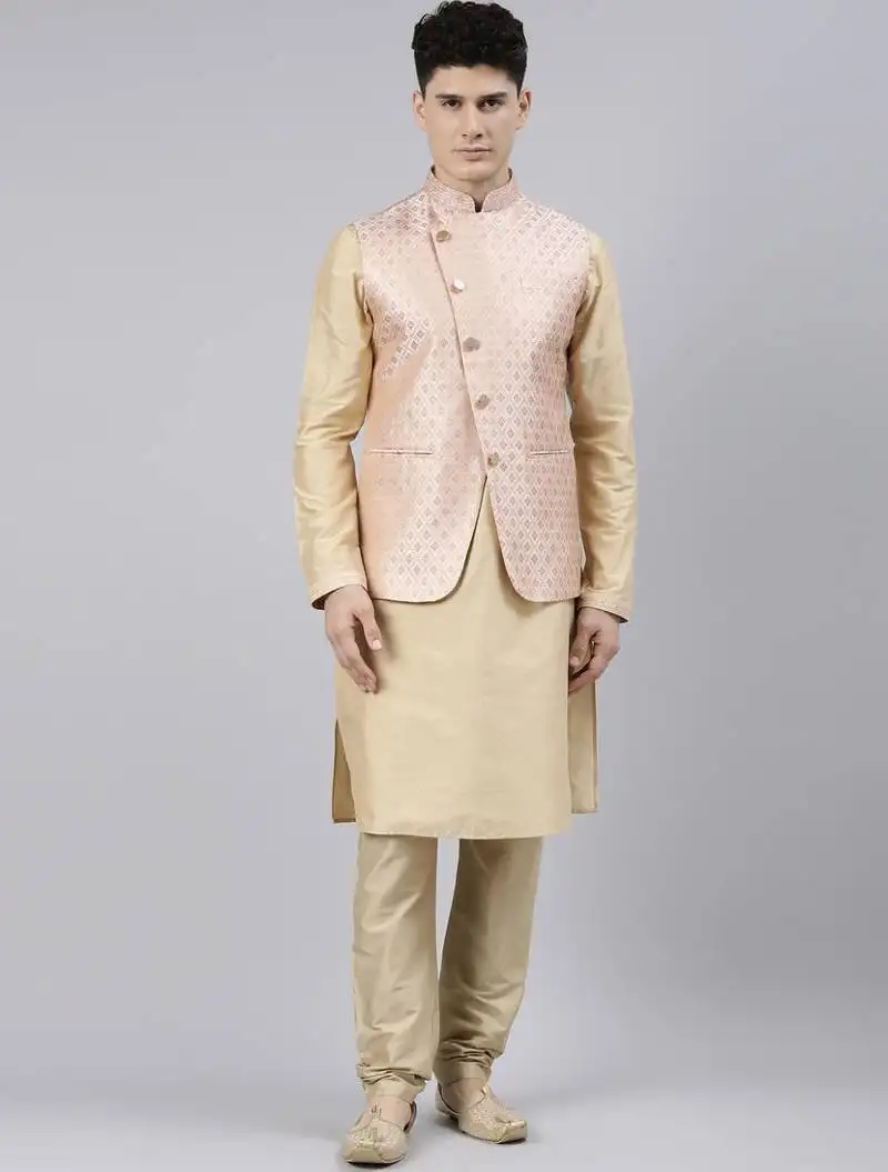 Peach brocade jacket with gold kurta