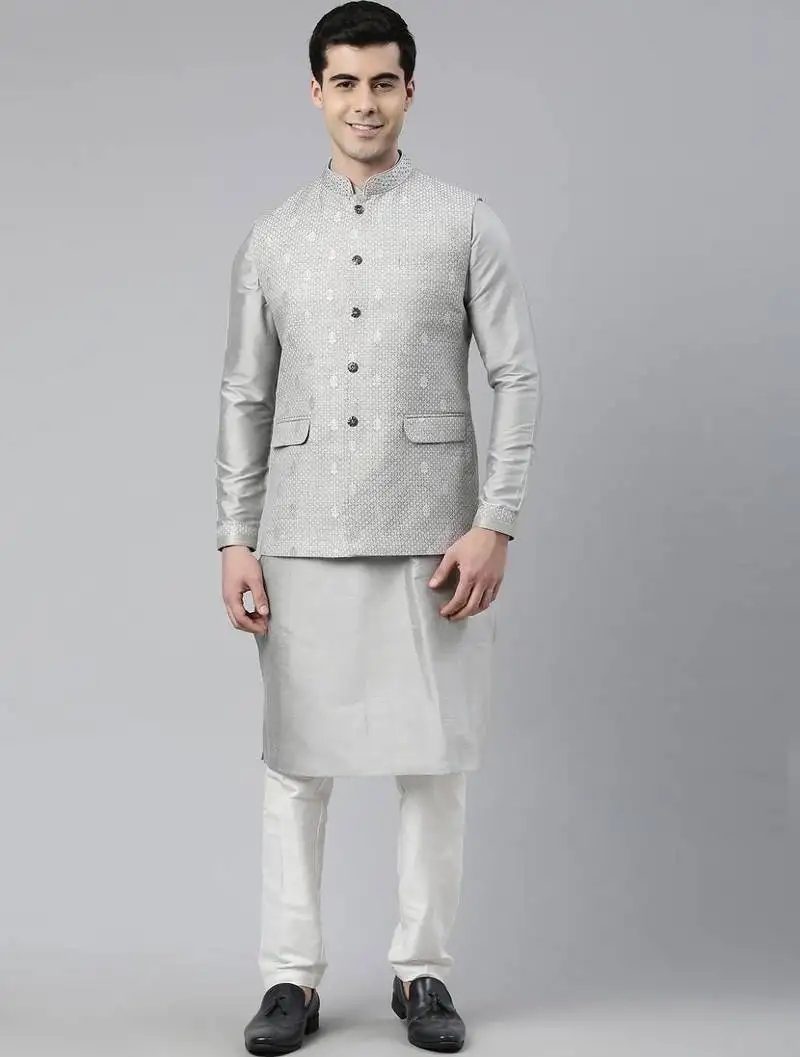Grey chanderi booti jacket with kurta set