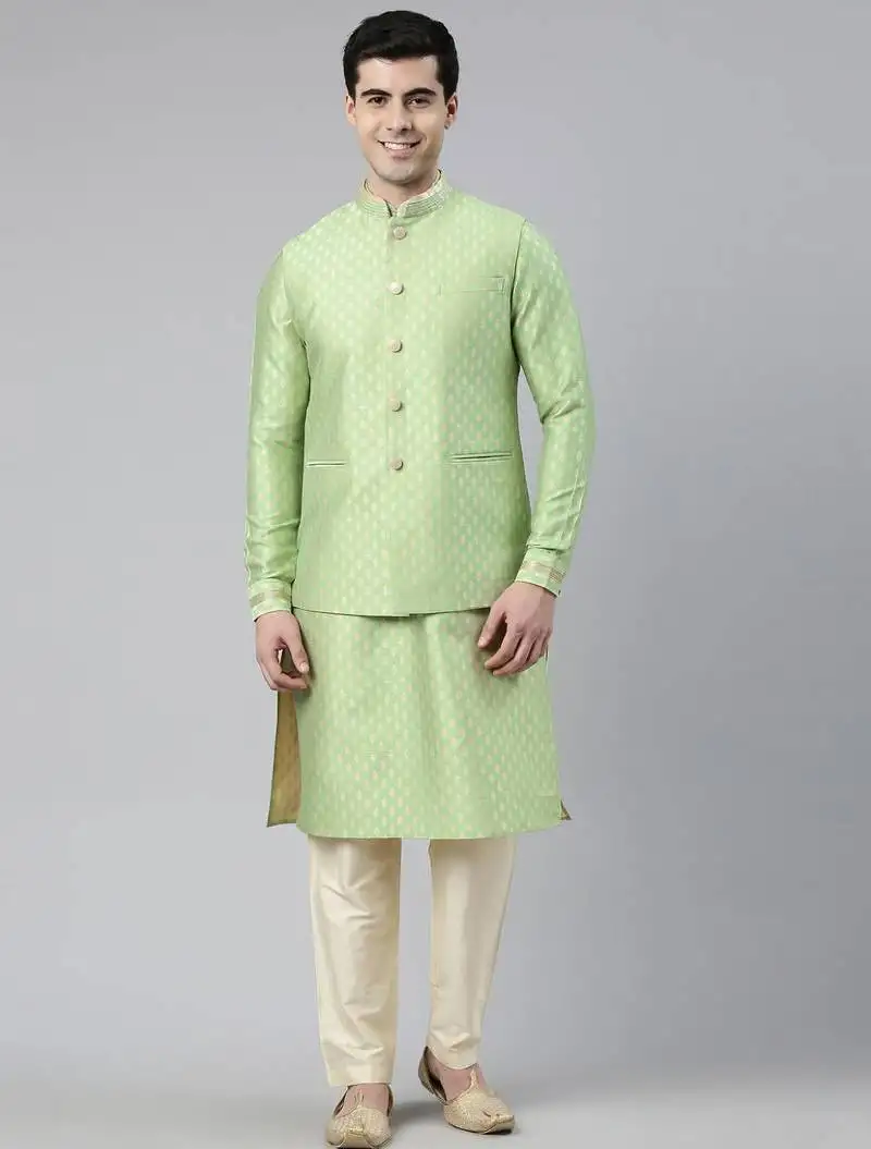 Mint green banarasi jacquard jacket and kurta set