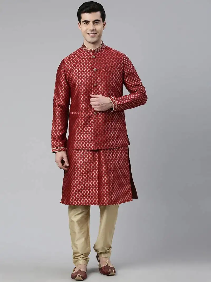 Scarlet red brocade jacket and kurta set