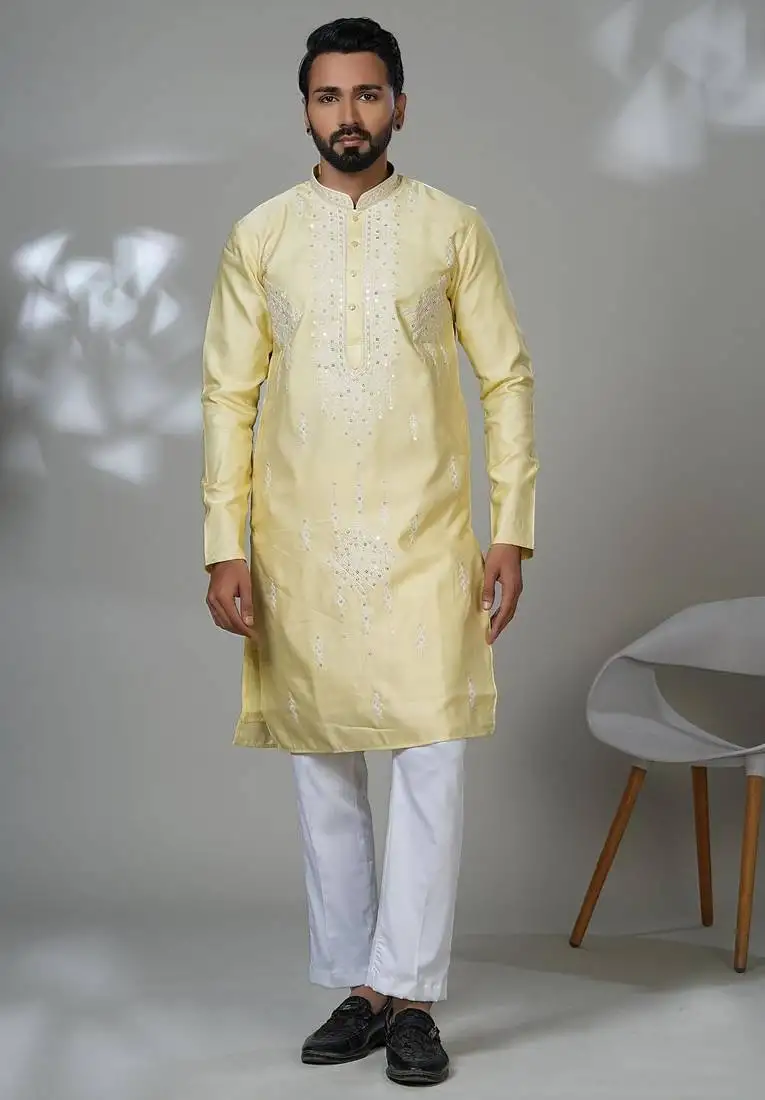 Yellow blended cotton embroidered kurta pajama for mens