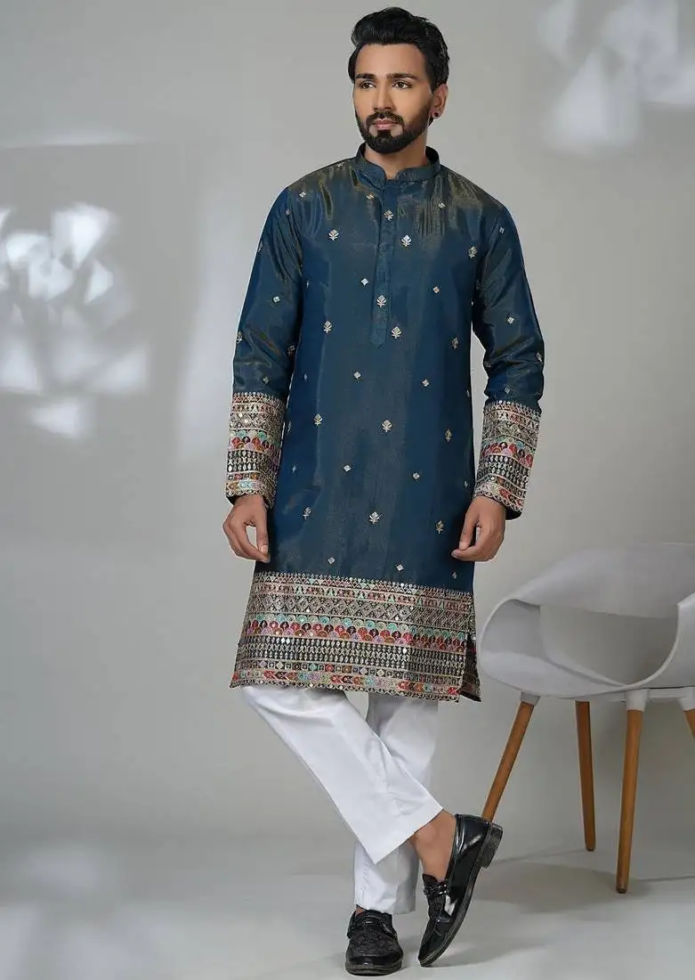 Blue shimmer embroidered kurta pajama for mens