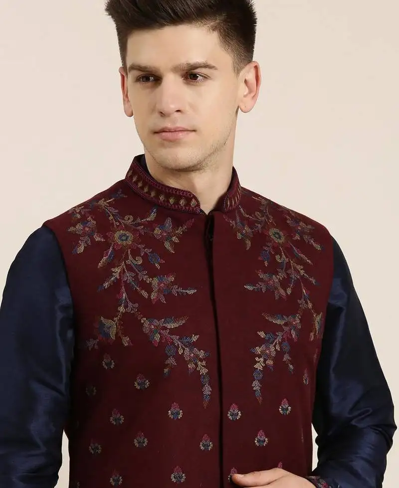 Maroon pashmina embroidery jacket with navy kurta set