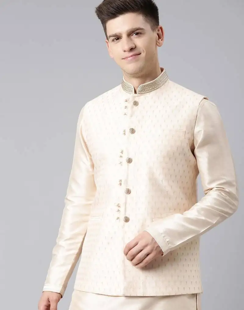 Cream banarasi jacquard jacket kurta set
