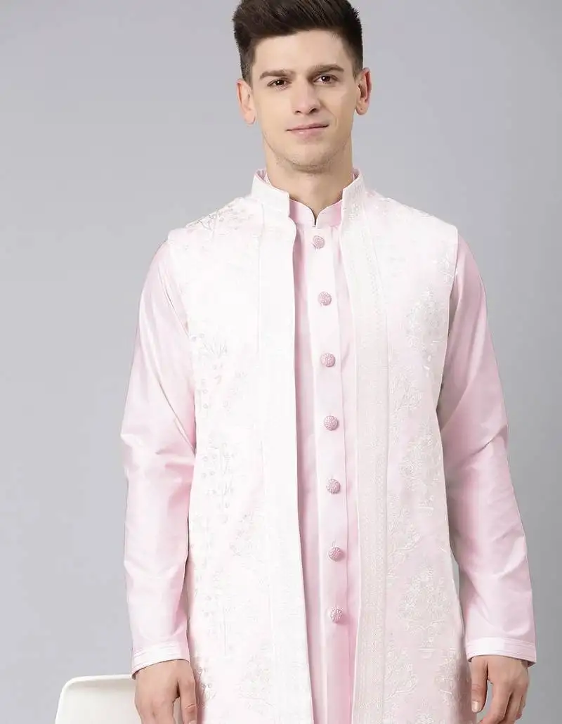 Pink linen embroidery long open jacket kurta set