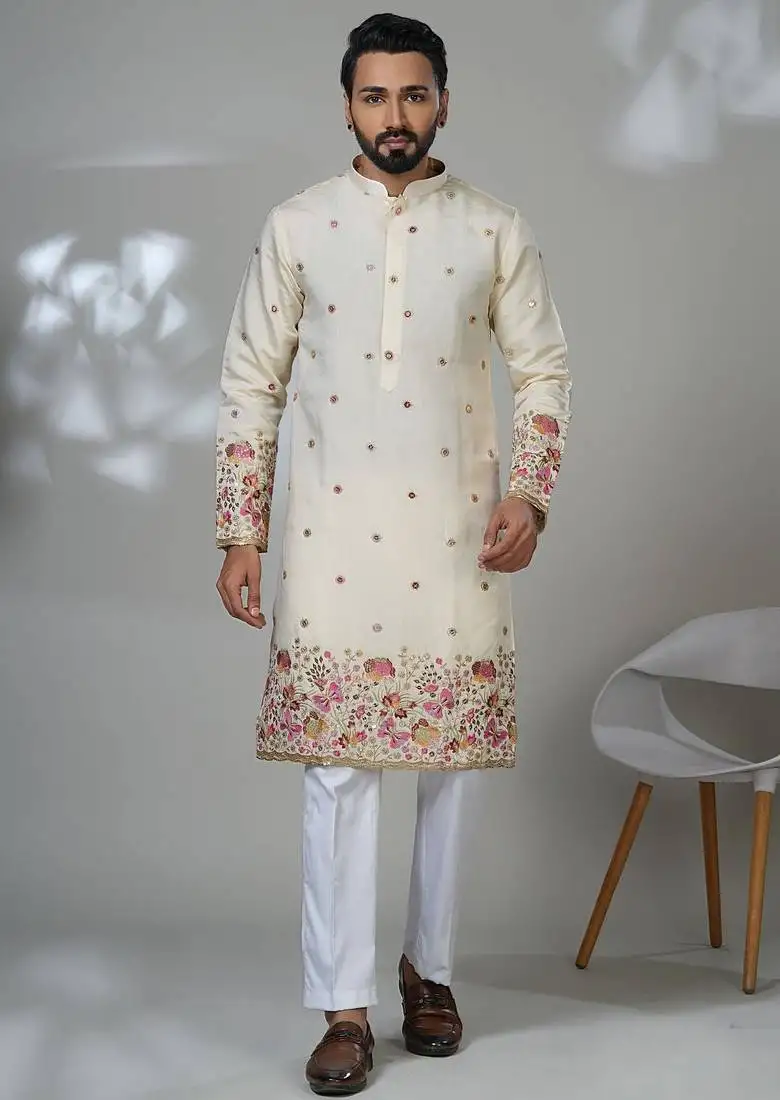 White shimmer embroidered kurta pajama for mens