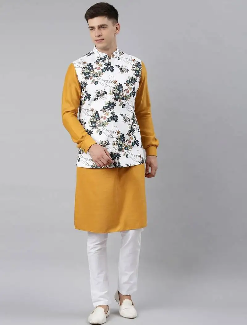 Mustard printed jacket kurta set